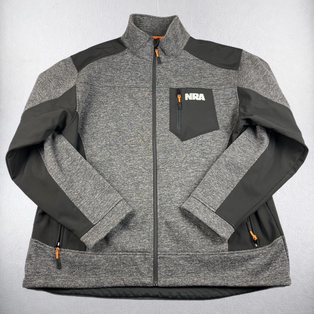 NRA Full Zip Jacket Mens 3XL Gray Black Softshell Fleece Lined Mock Neck Pocket